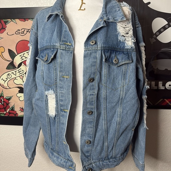 Oversized Distressed Denim Jacket - Picture 2 of 4
